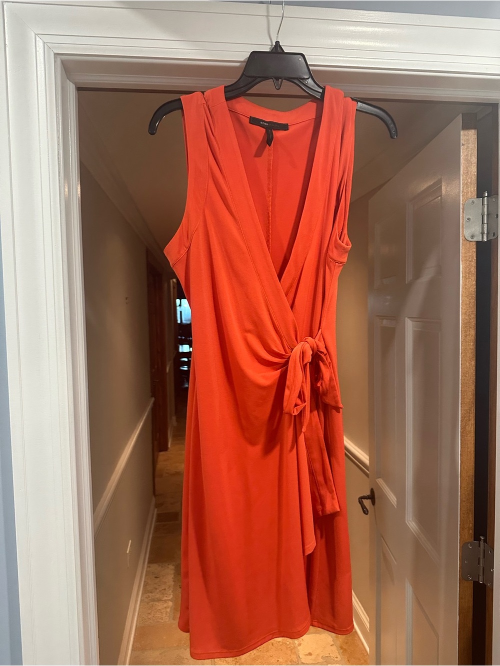 BCBGMaxAzria Bright Orange Sleeveless Wrap Midi Dress with Side Tie